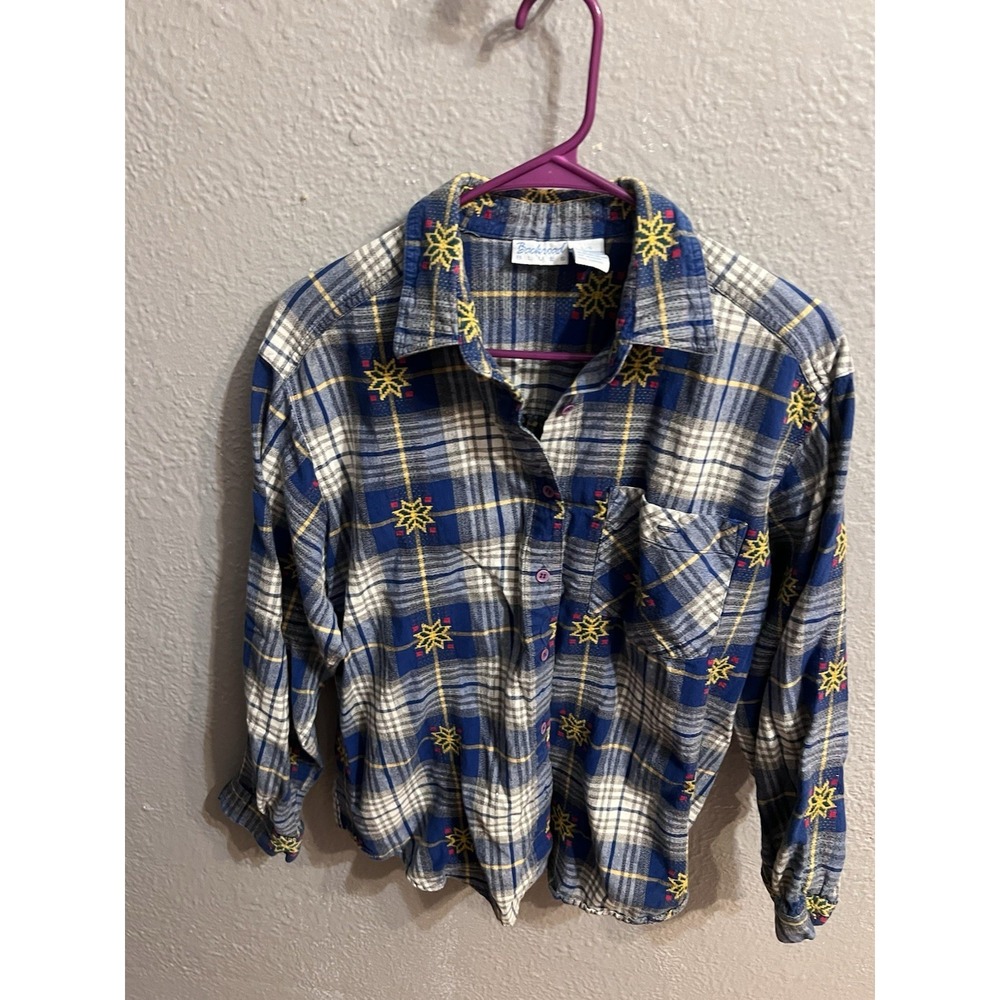 Christmas Backroad Blues Blue Plaid Long‎ Sleeve Shirt Womens Size Large